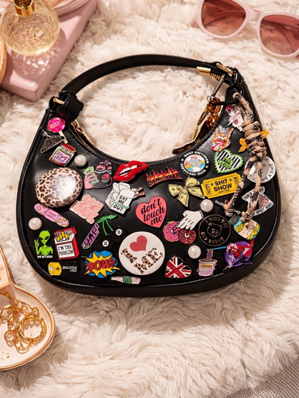 Black Studded Patch-Embellished Shoulder Bag